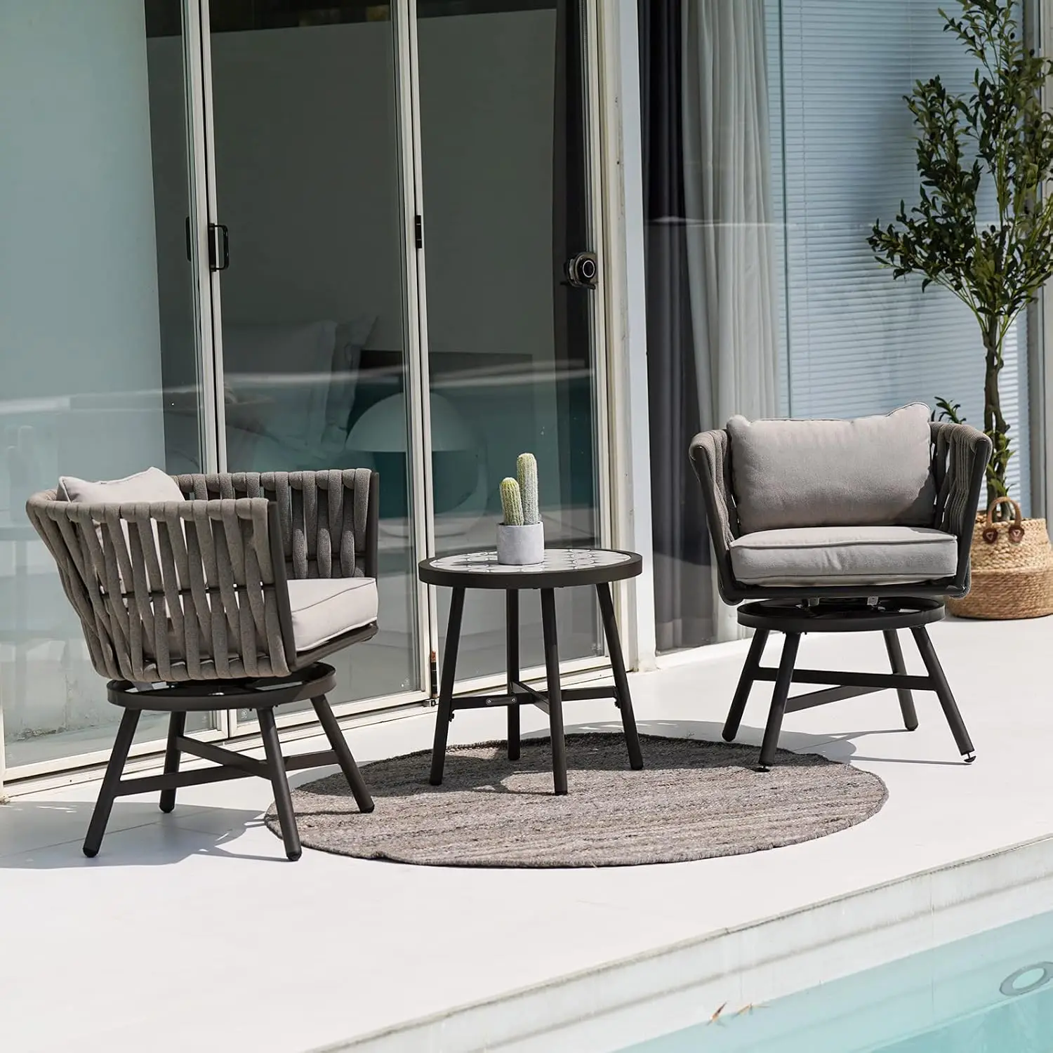 Dining Chair Set of 3, Swivel Rope Armchairs with Cushions and Round Side Table with Tile Tabletop
Dining Chair Set of 3, Swivel Rope Armchairs with Cushions and Round Side Table with Tile Tabletop