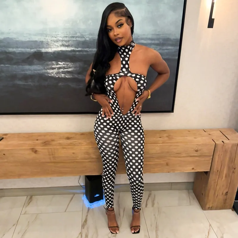 Polka Dots Print Hollow Out Halter Backless Skinny Jumpsuits Women Sexy Strapless Ruched Peach Hip Slim Night Clubwear Overalls
Polka Dots Print Hollow Out Halter Backless Skinny Jumpsuits Women Sexy Strapless Ruched Peach Hip Slim Night Clubwear Overalls