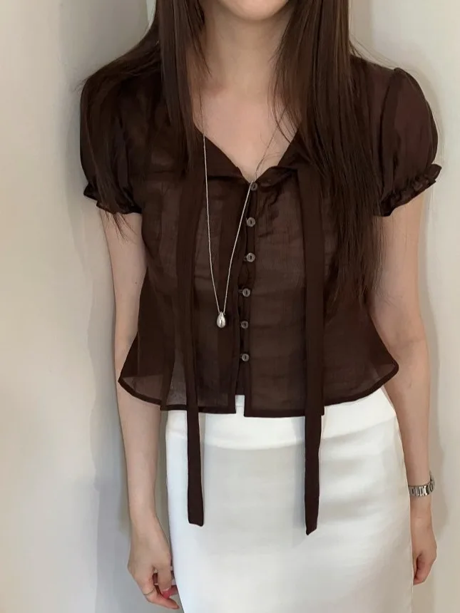 Ele Vintage Single-Button ort-Sve irt for Women Chic Age-Defng Design Sensation Faionable Knot Detail
Ele Vintage Single-Button ort-Sve irt for Women Chic Age-Defng Design Sensation Faionable Knot Detail
