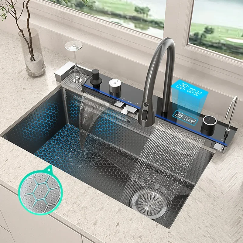 304 Stainless Steel Waterfall Kitchen Sink Large Single Slot Integrated Digital Display Faucet Set Embossed Wash Basin
304 Stainless Steel Waterfall Kitchen Sink Large Single Slot Integrated Digital Display Faucet Set Embossed Wash Basin
