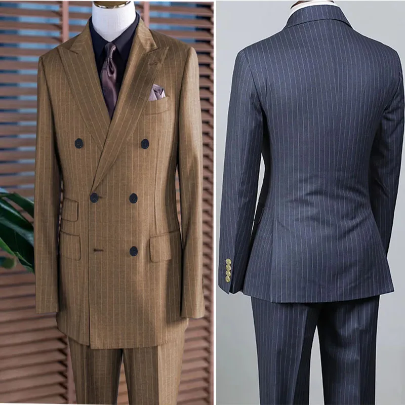 Stripe Men's Suits Grey Blue Classic Business Suit Jacket Suit Pants Tailor made suit 2pcs suit set 
Stripe Men's Suits Grey Blue Classic Business Suit Jacket Suit Pants Tailor made suit 2pcs suit set