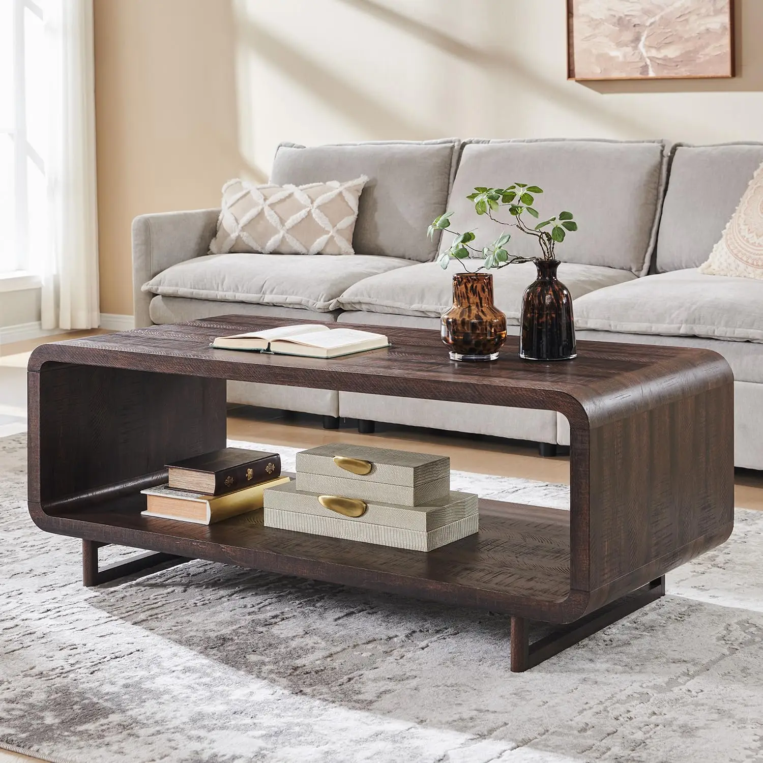 48" 2-Tier Minimalist Coffee Table Storage Shelf Curved Profile Wood Living Room Office Brown Customized
48" 2-Tier Minimalist Coffee Table Storage Shelf Curved Profile Wood Living Room Office Brown Customized