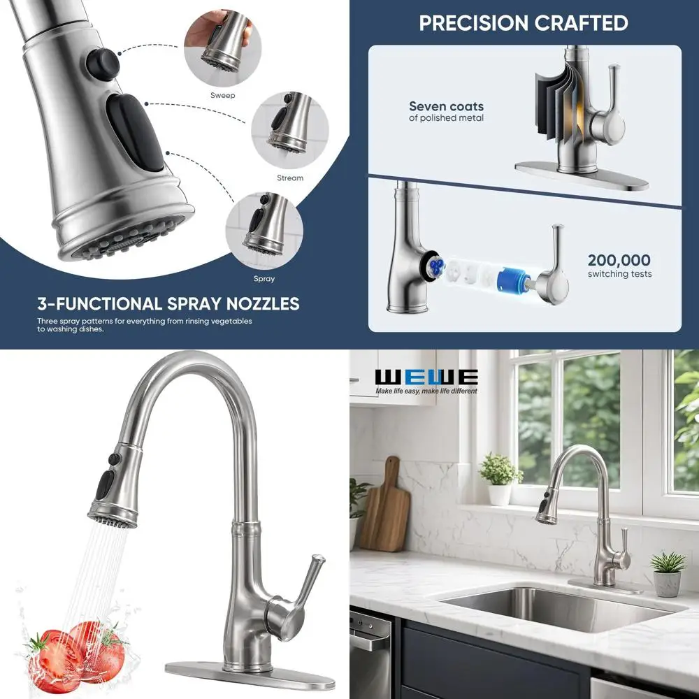 Antique-Style High-Arc Pull-Down Sprayer Faucet in Brushed Nickel for 1 or 3-Hole Stainless Steel Kitchen Sinks
Antique-Style High-Arc Pull-Down Sprayer Faucet in Brushed Nickel for 1 or 3-Hole Stainless Steel Kitchen Sinks