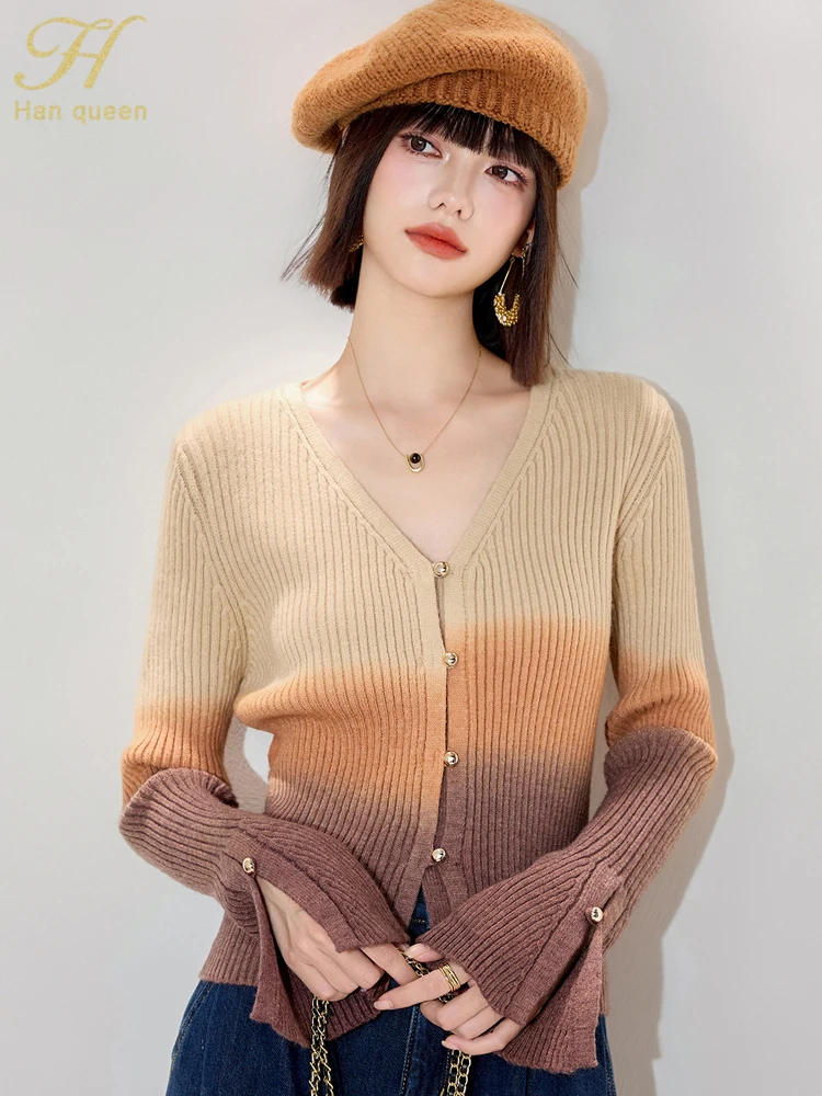 H Han Queen Gradient V-neck Soft Sticky Coat Cardigan For Women Tops Korean Elastic Sweater Knitted Long Sleeve Woman Clothing
H Han Queen Gradient V-neck Soft Sticky Coat Cardigan For Women Tops Korean Elastic Sweater Knitted Long Sleeve Woman Clothing