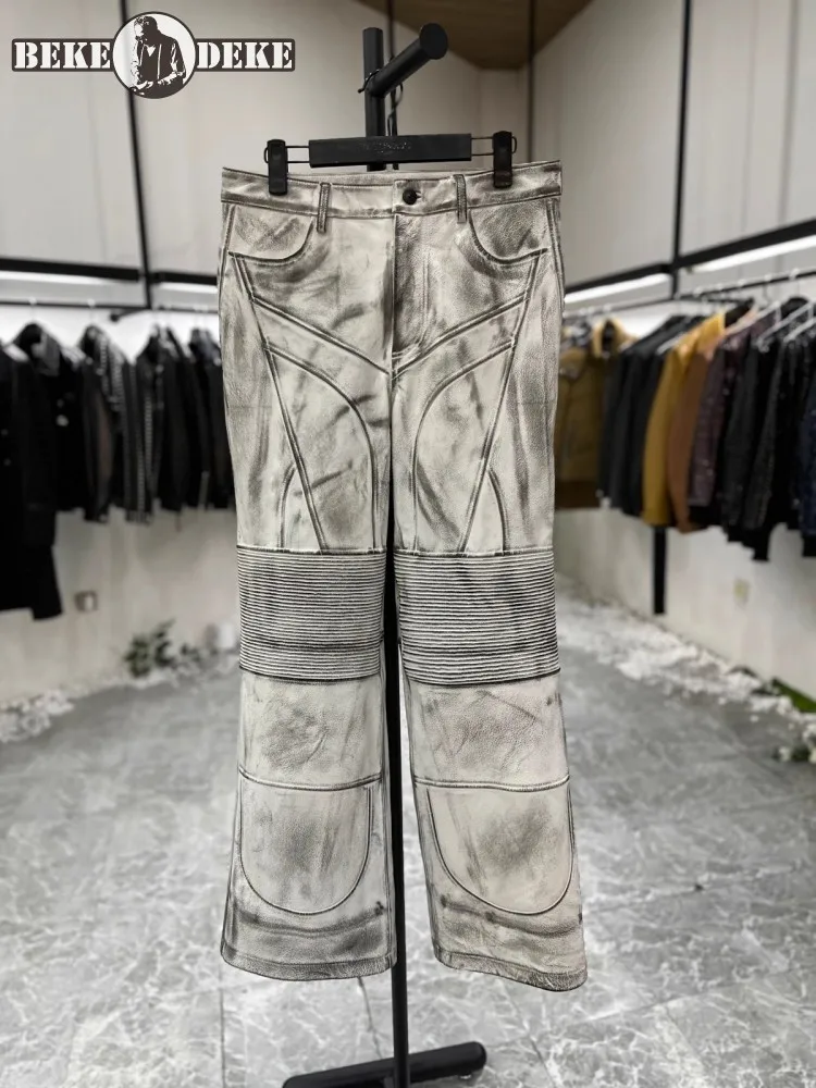 High Quality Mens Distressed Cowskin Genuine Leather Pants Handmade Vintage Hip Hop Personality Casual Men Straight Trousers
High Quality Mens Distressed Cowskin Genuine Leather Pants Handmade Vintage Hip Hop Personality Casual Men Straight Trousers