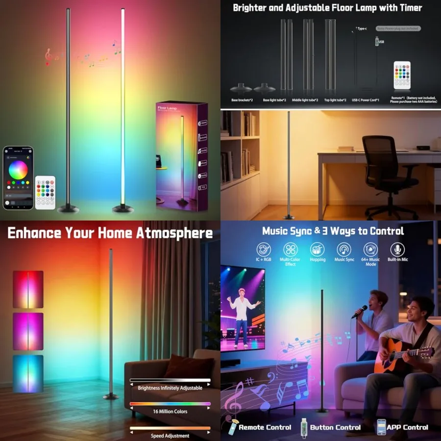 Led Corner Floor Lamp USB Powered with App and Remote Control, Color Changg Led Lamp Music Sync IC+RGBW, Timer, 64+ Music Modes
Led Corner Floor Lamp USB Powered with App and Remote Control, Color Changg Led Lamp Music Sync IC+RGBW, Timer, 64+ Music Modes