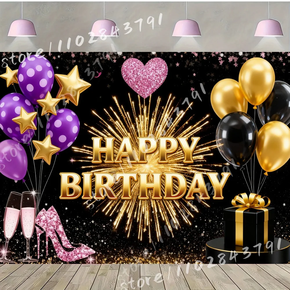 Happy Birthday Purple Gold Black Theme Vinyl Backdrop Background Balloons Glitter High Heel Shoe Champagne Glasses Gift Boxes
Happy Birthday Purple Gold Black Theme Vinyl Backdrop Background Balloons Glitter High Heel Shoe Champagne Glasses Gift Boxes