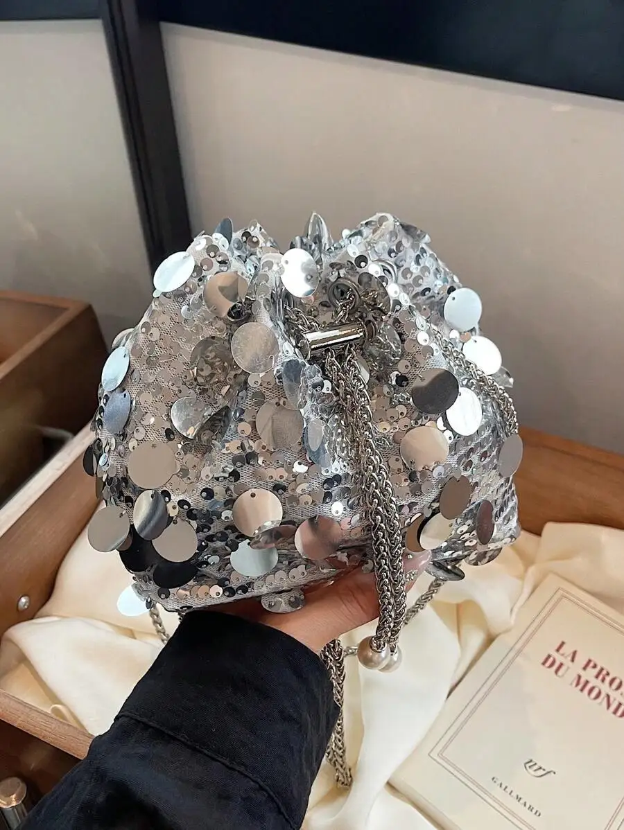 Sequined Chain Drawstring Bucket Bag With Pearl And Metal Decor For Women Party Evening Clutch
Sequined Chain Drawstring Bucket Bag With Pearl And Metal Decor For Women Party Evening Clutch