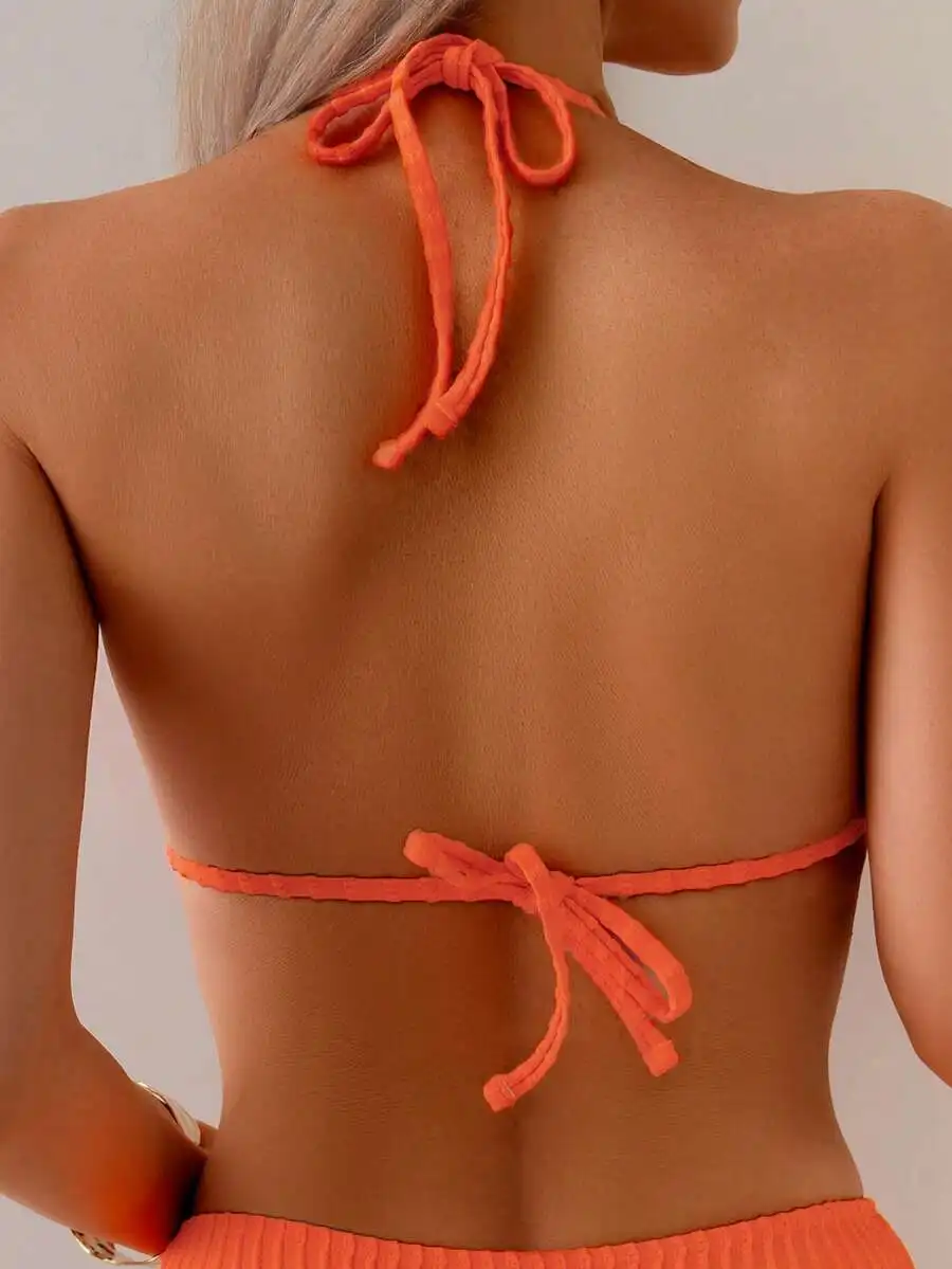 Orange Textured Striped Halter Tie Back Bikini Set For Beach Summer Vacation
Orange Textured Striped Halter Tie Back Bikini Set For Beach Summer Vacation
