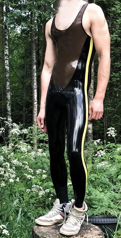 New Arrival Men Black Bodysuits Latex Catsuit Rubber Jumpsuit Sleeveless with Yellow Stripes
New Arrival Men Black Bodysuits Latex Catsuit Rubber Jumpsuit Sleeveless with Yellow Stripes