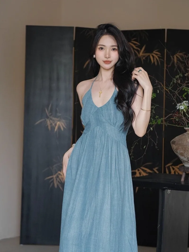 Linen New Chinese Style Hanging Neck Elegant Dress Women Sleeveless Sexy Spaghetti Strap Blue A Line Party Prom Long Dress X1222
Linen New Chinese Style Hanging Neck Elegant Dress Women Sleeveless Sexy Spaghetti Strap Blue A Line Party Prom Long Dress X1222