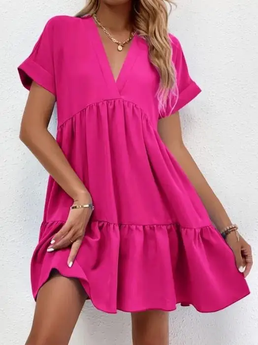 2023 Women's New Hot Selling Fresh and Sweet V-Neck Single Color Large Swing Casual Short Dress Dress
2023 Women's New Hot Selling Fresh and Sweet V-Neck Single Color Large Swing Casual Short Dress Dress