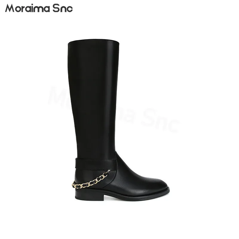 Metal Chain Black Leather Boots Round Toe Thick Heel Knight Boots Side Zipper Personalized Fashionable Knee-High Women's Boots
Metal Chain Black Leather Boots Round Toe Thick Heel Knight Boots Side Zipper Personalized Fashionable Knee-High Women's Boots