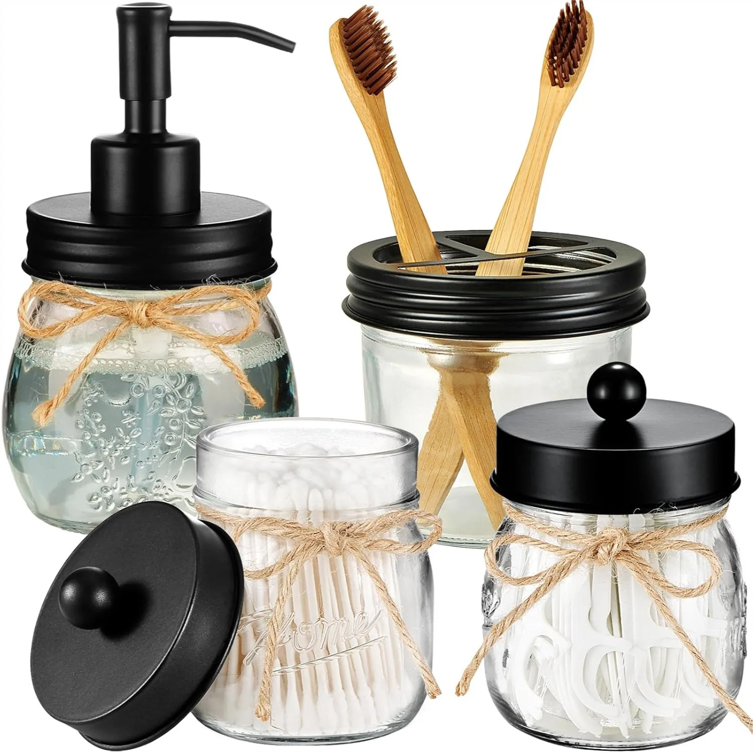 Mason Jar Bathroom Accessories Set 4 Pcs - Lotion Soap Dispenser, Qtip Holders, Toothbrush Holder - Rustic Farmhouse Decor
Mason Jar Bathroom Accessories Set 4 Pcs - Lotion Soap Dispenser, Qtip Holders, Toothbrush Holder - Rustic Farmhouse Decor