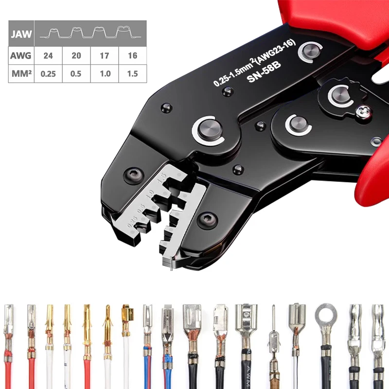 SN-58B Ratchet Crimping Plier Hand Crimper Tool 0.25-1.5mm² AWG24-16for Dupont,TE,JST,Molex Terminal Wire Electrical Pliers
SN-58B Ratchet Crimping Plier Hand Crimper Tool 0.25-1.5mm² AWG24-16for Dupont,TE,JST,Molex Terminal Wire Electrical Pliers