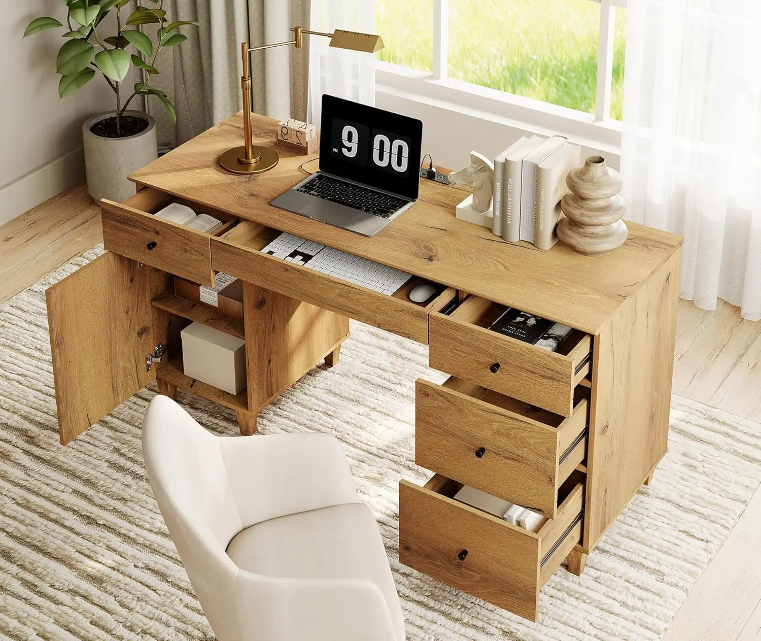 58-Inch Wide Wood Desk with Deep Drawers & Storage Cabinet, Writing Desk with Charging Station for Home Office,, Customized
58-Inch Wide Wood Desk with Deep Drawers & Storage Cabinet, Writing Desk with Charging Station for Home Office,, Customized