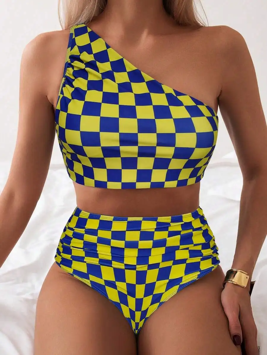 Vibrant Blue And Yellow Checkerboard One-Shoulder High-Waisted Bikini Set For Summer Beach Swimwear
Vibrant Blue And Yellow Checkerboard One-Shoulder High-Waisted Bikini Set For Summer Beach Swimwear