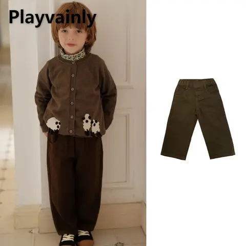 2025 New Autumn Winter Children Casual Pants Dark Brown Elastic Waist Loose Straight Leg Pants Boy Girl Wide Leg Trousers W5196
