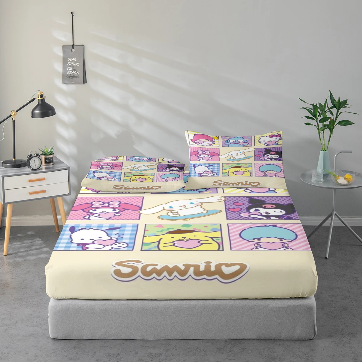 3-Piece High-Definition Digital Printed Bed Sheet Set Sanrio Cartoon Pattern Large Floral Print Bed Sheet Set, Includes 1 Fitted Sheet + 1/2 Pillowcase, Suitable for Bedroom, Guest Room, Home Decoration, Polyester Fiber Fitted Sheet + Pillowcase, Ultra-So
3-Piece High-Definition Digital Printed Bed Sheet Set Sanrio Cartoon Pattern Large Floral Print Bed Sheet Set, Includes 1 Fitted Sheet + 1/2 Pillowcase, Suitable for Bedroom, Guest Room, Home Decoration, Polyester Fiber Fitted Sheet + Pillowcase, Ultra-So