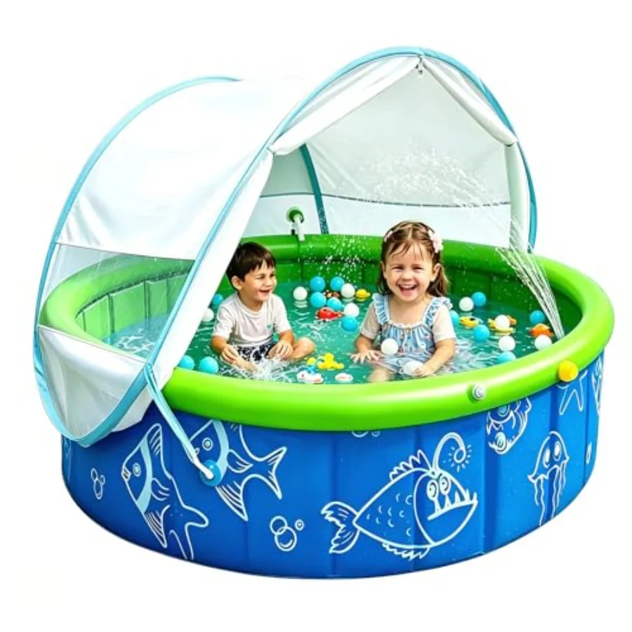 Outdoor summer kiddie pool with canopy: 47in foldable toddler pool in blue polyethylene with UV-resistant shade, sprinkler, and
Outdoor summer kiddie pool with canopy: 47in foldable toddler pool in blue polyethylene with UV-resistant shade, sprinkler, and