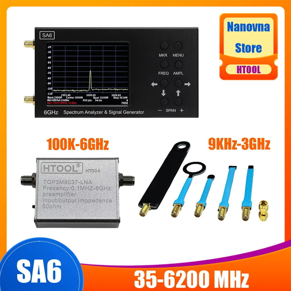 Nanovna SA6 Spectrum Analyzer 6GHz Signal Generator 3.2 inch Touch Screen Portable 35~6200 MHz RF Input PC Control Battery
Nanovna SA6 Spectrum Analyzer 6GHz Signal Generator 3.2 inch Touch Screen Portable 35~6200 MHz RF Input PC Control Battery