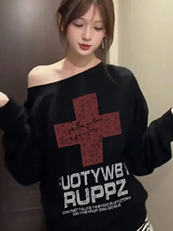 American Cross Graffiti Print Sweatshirt Women Early Spring New Small Design Loose Shoulder Top Trendy round Neck Long Sleeve
American Cross Graffiti Print Sweatshirt Women Early Spring New Small Design Loose Shoulder Top Trendy round Neck Long Sleeve