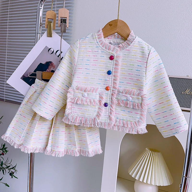 2025Girls Lady Suit Autumn Girl Tassel Lace Long Sleeve Coat Pleated Half Skirt Two Piece Set 
2025Girls Lady Suit Autumn Girl Tassel Lace Long Sleeve Coat Pleated Half Skirt Two Piece Set