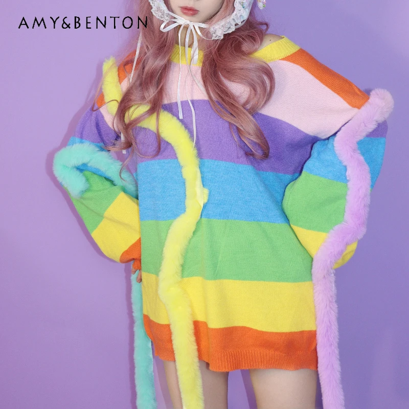 Японский дизайн, красочный Y2K, милый полосатый вязаный Радужный женский свитер, осень-зима, новый свободный универсальный пуловер для женщин
Японский дизайн, красочный Y2K, милый полосатый вязаный Радужный женский свитер, осень-зима, новый свободный универсальный пуловер для женщин