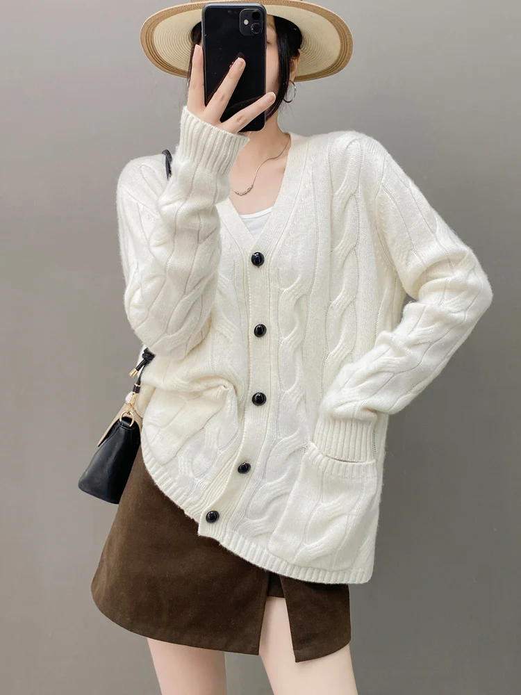 Свободный кашемировый кардиган с v-образным вырезом, женское вязаное пальто, новый белый витой свитер
Свободный кашемировый кардиган с v-образным вырезом, женское вязаное пальто, новый белый витой свитер