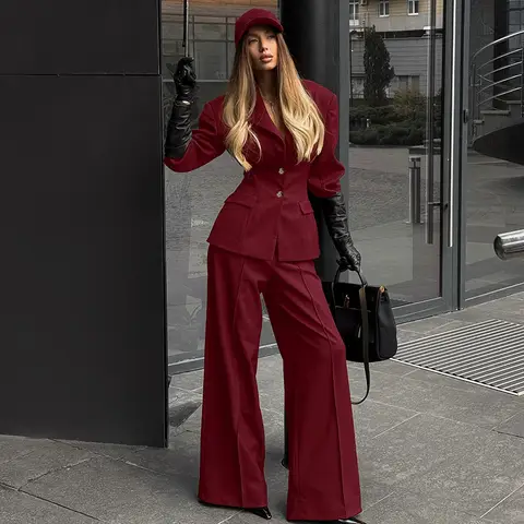 Autumn Winter Vintage Burgundy Blazer And Pants Two-Piece Set For Women, Slimming Commuter Elegant Suit
