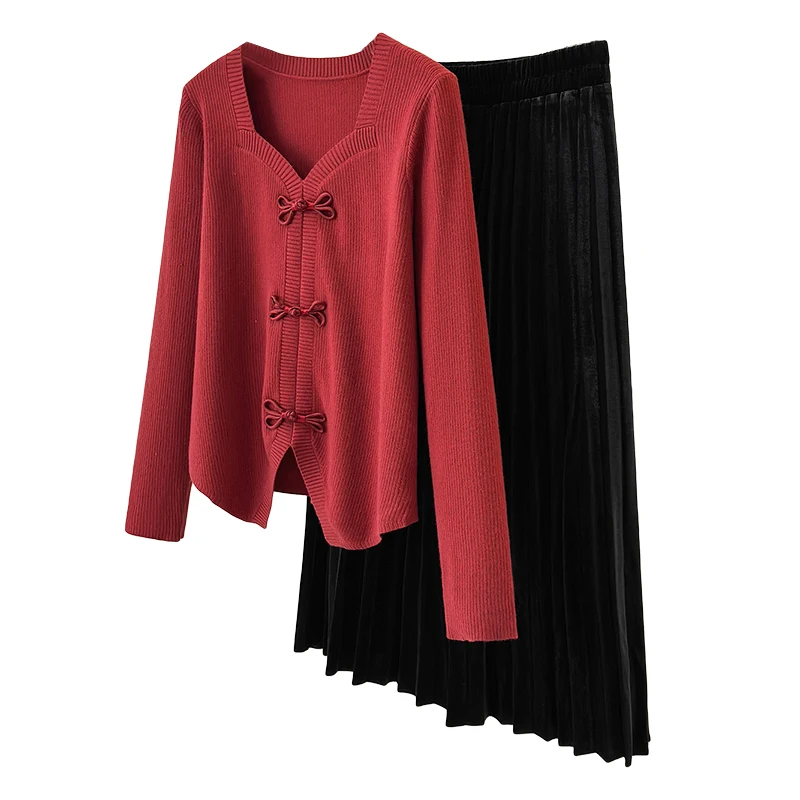 Autumn Winter Elegant Two-piece Set For Women 2023 Knit Sweater Cardigan Tops And Velvet Skirt Large Size Female Black Red Suits
Autumn Winter Elegant Two-piece Set For Women 2023 Knit Sweater Cardigan Tops And Velvet Skirt Large Size Female Black Red Suits