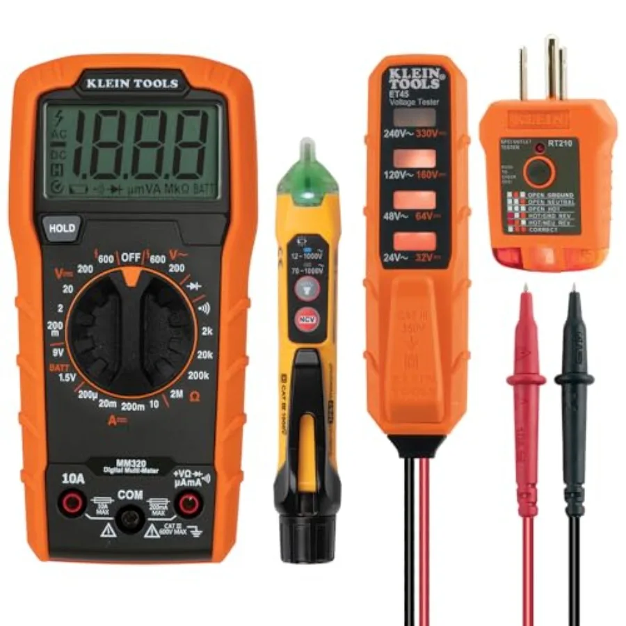 MM320KIT Digital Multimeter Electrical Test Kit Non-Contact Voltage Tester Receptacle Tester Carrying Case and Batteries
MM320KIT Digital Multimeter Electrical Test Kit Non-Contact Voltage Tester Receptacle Tester Carrying Case and Batteries