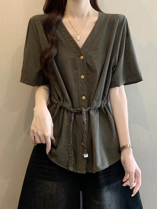 Elegant V-neck Short-sleeved Shirt Women's plus Size Drawstring Waist Fitting Top Korean Style Commute Fashion Spring Summer
Elegant V-neck Short-sleeved Shirt Women's plus Size Drawstring Waist Fitting Top Korean Style Commute Fashion Spring Summer