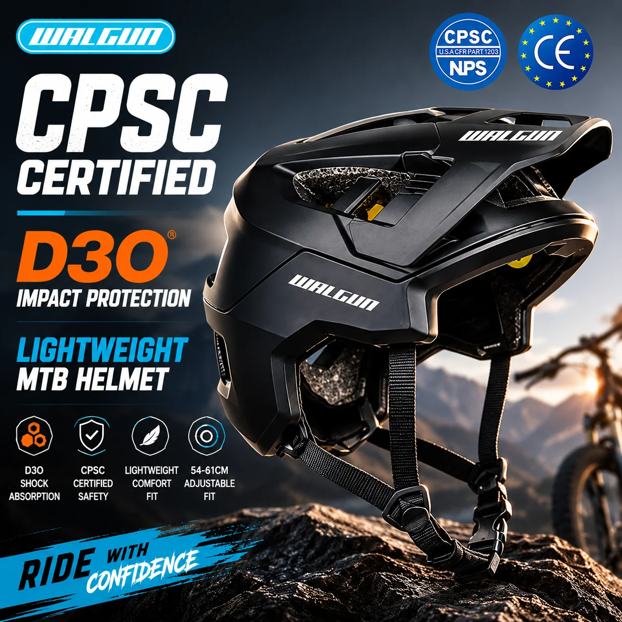 Mountain Bike Helmet CE CPSC Certified Lightweight MTB Cycling Helmet D3O Protection Adjustable 54-61cm WALGUN
Mountain Bike Helmet CE CPSC Certified Lightweight MTB Cycling Helmet D3O Protection Adjustable 54-61cm WALGUN