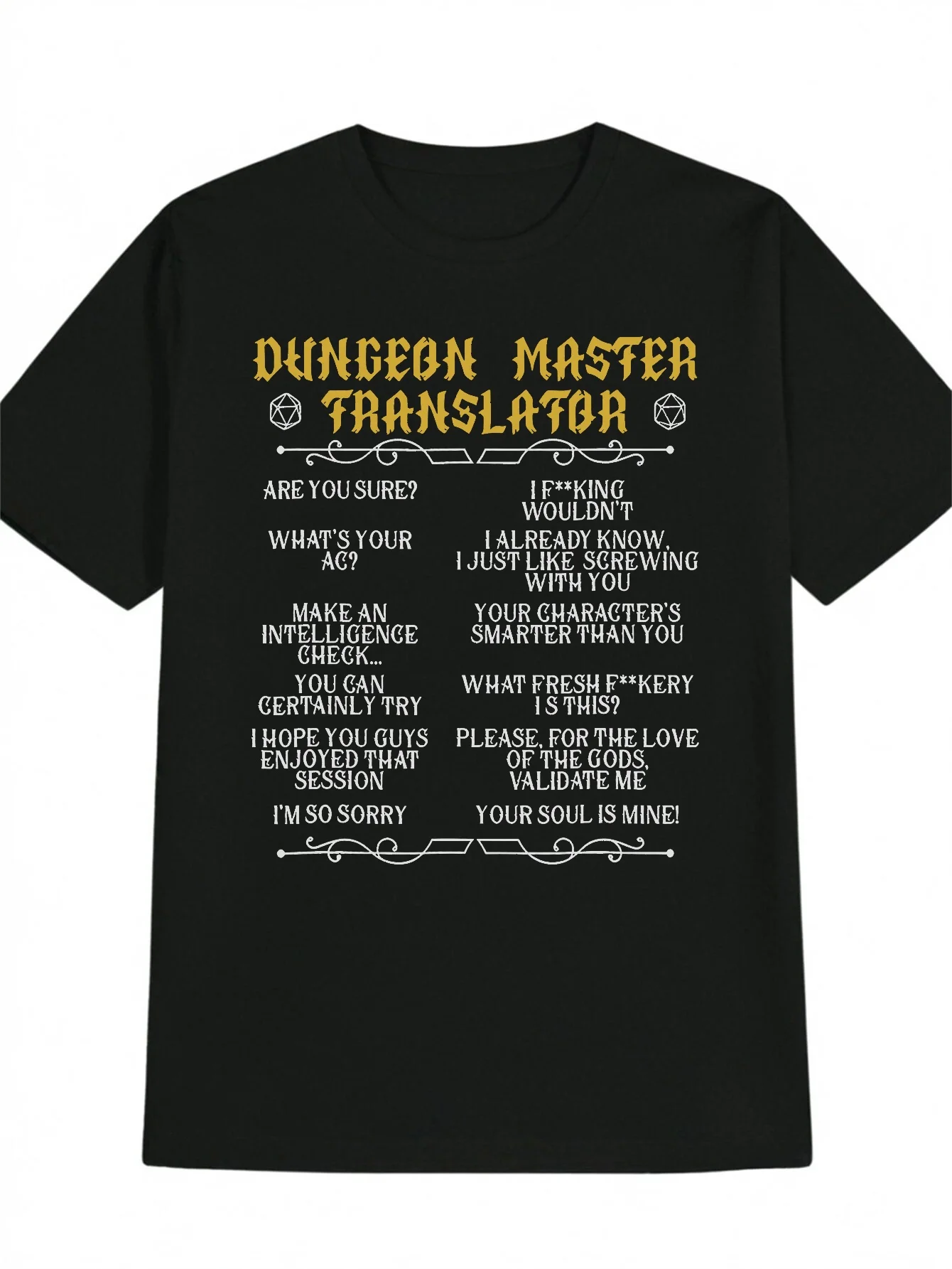 Men's Dungeons & Dragons Inspiration T-Shirt - Funny DM Trnslation Board Game Humorous Design - Black with Yellow Text
Men's Dungeons & Dragons Inspiration T-Shirt - Funny DM Trnslation Board Game Humorous Design - Black with Yellow Text