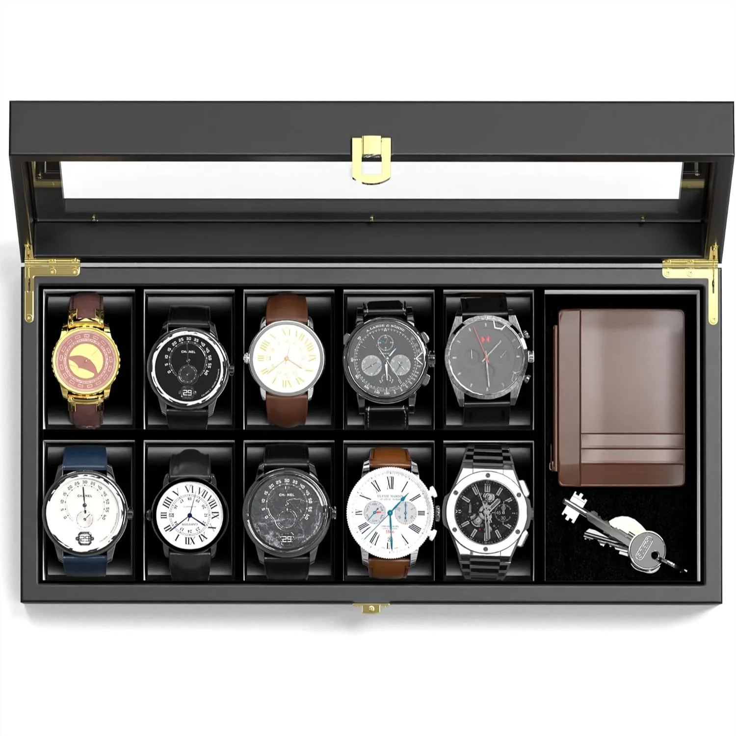 Wooden Watch Box Organizer with Glass Lid, 10-Slot Watch Display Case for Men Women, Black
Wooden Watch Box Organizer with Glass Lid, 10-Slot Watch Display Case for Men Women, Black