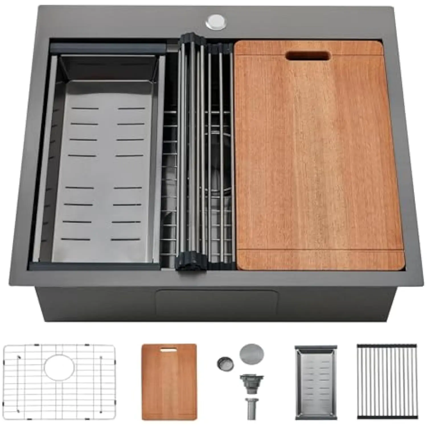 25X22 Black Drop in Kitchen Sink, 25 Inch Gunmetal Black Top Mount Ledge Workstation Sink, 16 Gauge Stainless Steel Single Bow
25X22 Black Drop in Kitchen Sink, 25 Inch Gunmetal Black Top Mount Ledge Workstation Sink, 16 Gauge Stainless Steel Single Bow