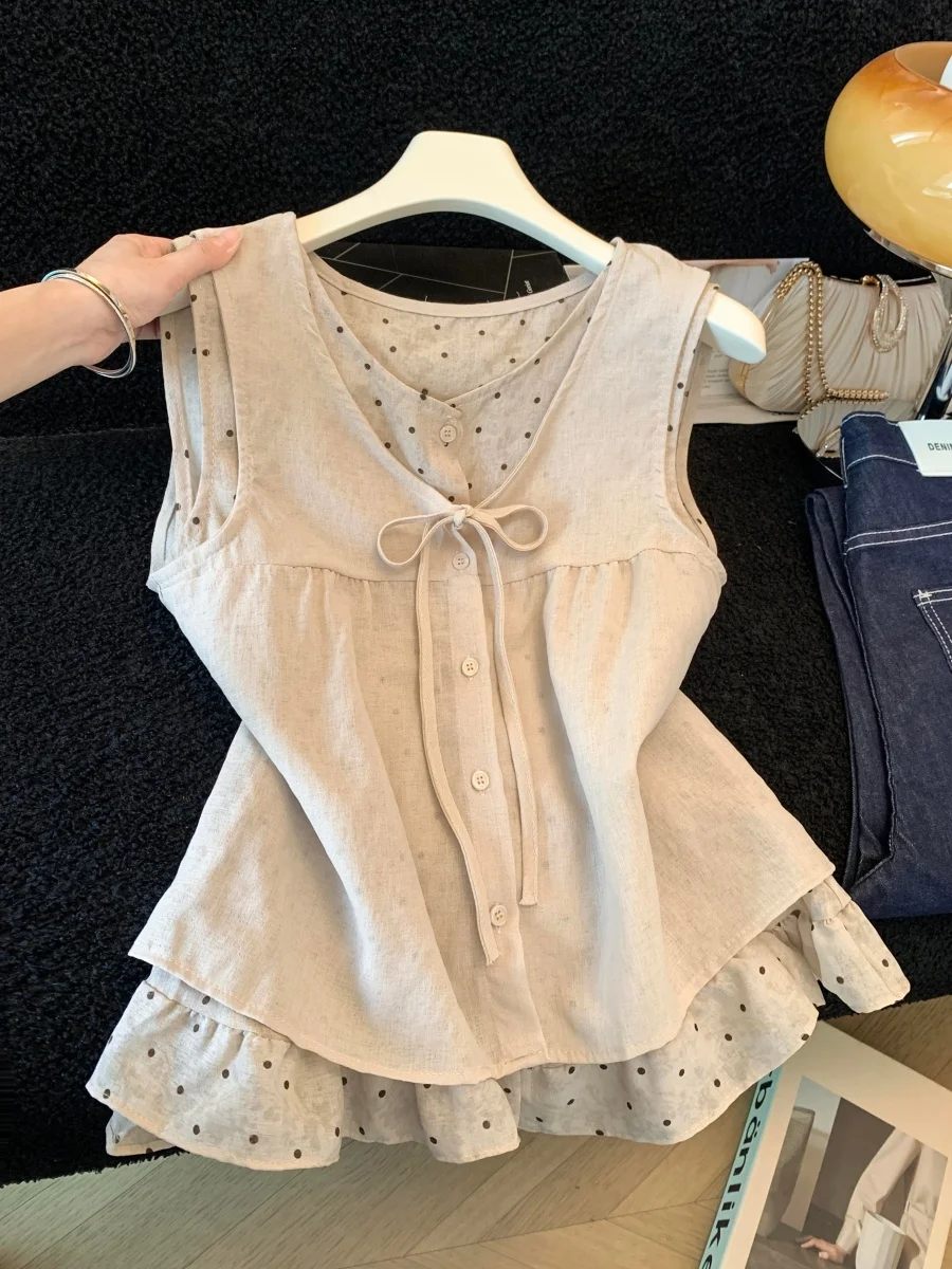 Summer New Design Polka Dot round Neck Vest Women's Sleeveless Top with Belt Fake Two-Piece Style Inner Wear Fashionable
Summer New Design Polka Dot round Neck Vest Women's Sleeveless Top with Belt Fake Two-Piece Style Inner Wear Fashionable
