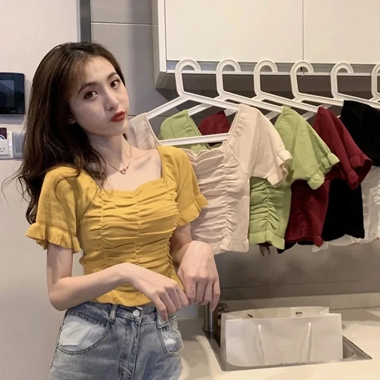 Retro Square Neck French Style Slim Sexy Short Sleeve Knitted Cropped Tops Ruffle Tshirt Summer Women Clothes
Retro Square Neck French Style Slim Sexy Short Sleeve Knitted Cropped Tops Ruffle Tshirt Summer Women Clothes