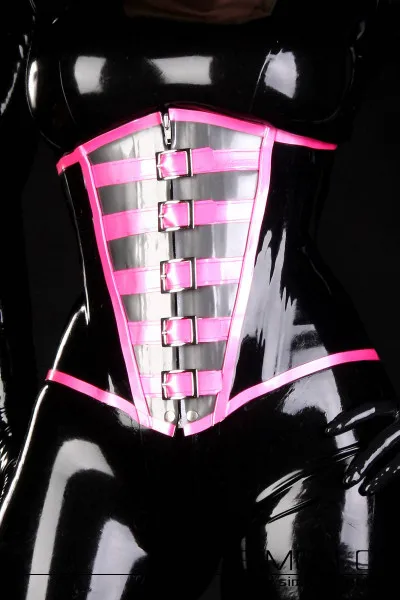 Black Sheer Latex Underbust Corset with Pink Contrast Strap Trim Rubber Waist Cincher with 5 Metal Buckle Closure
Black Sheer Latex Underbust Corset with Pink Contrast Strap Trim Rubber Waist Cincher with 5 Metal Buckle Closure