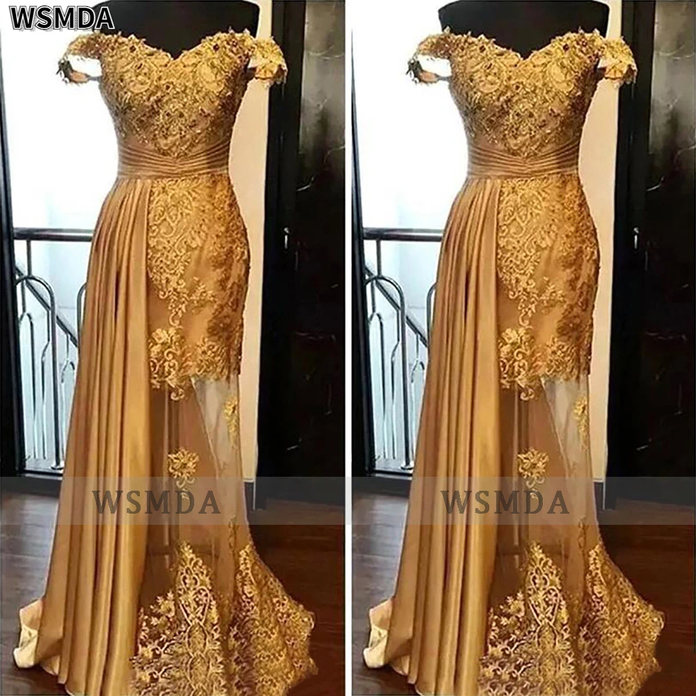 Gold Lace Appliques Mermaid Prom Dress Sexy Off Shoulder Transparent Unlined Fishtail Formal Evening Gown
Gold Lace Appliques Mermaid Prom Dress Sexy Off Shoulder Transparent Unlined Fishtail Formal Evening Gown