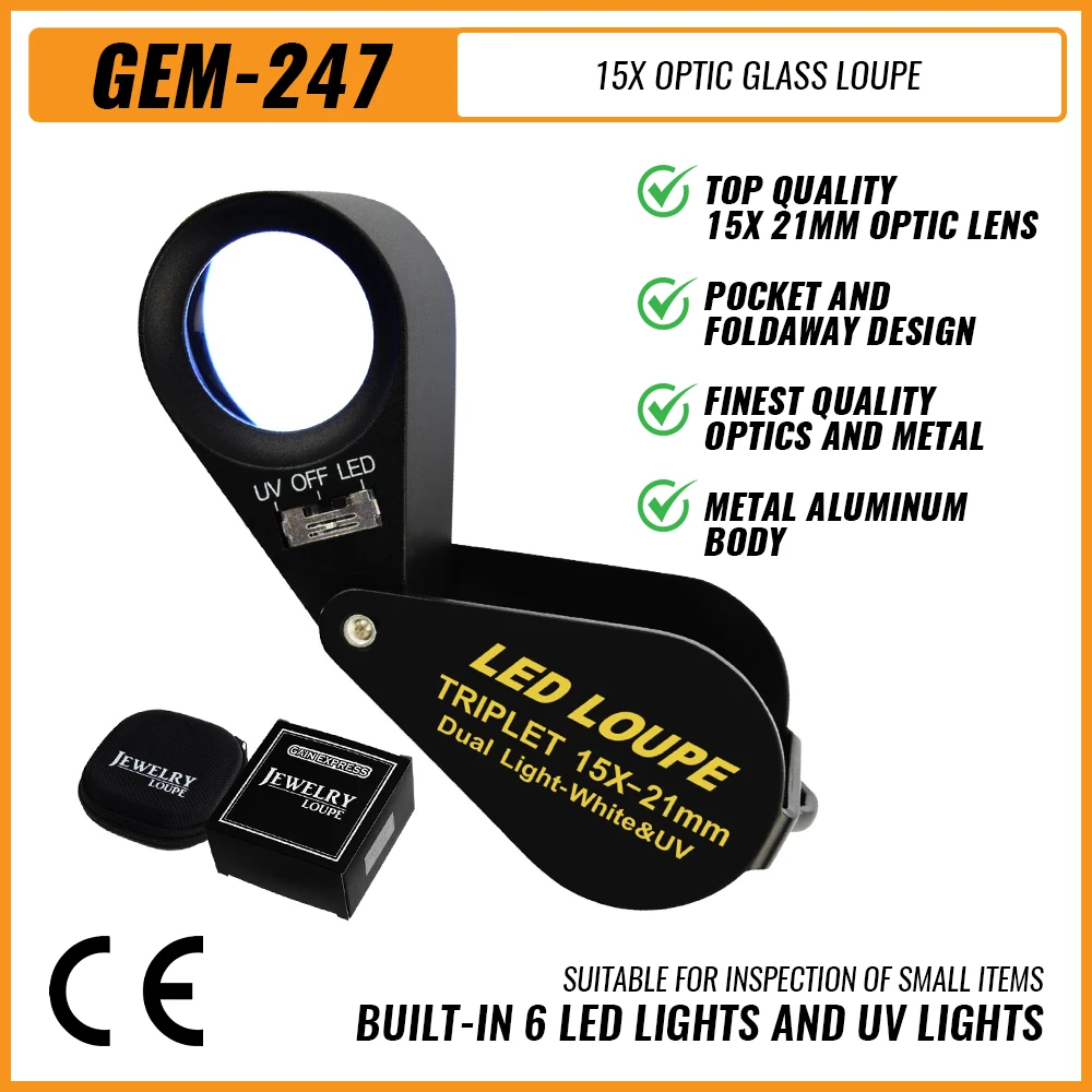 15x Pocket Size Jewelry Loupe Magnifier with 6 LED and UV 21mm Optic Glass Black Frame Foldaway Design with Lanyard for Jeweler
15x Pocket Size Jewelry Loupe Magnifier with 6 LED and UV 21mm Optic Glass Black Frame Foldaway Design with Lanyard for Jeweler