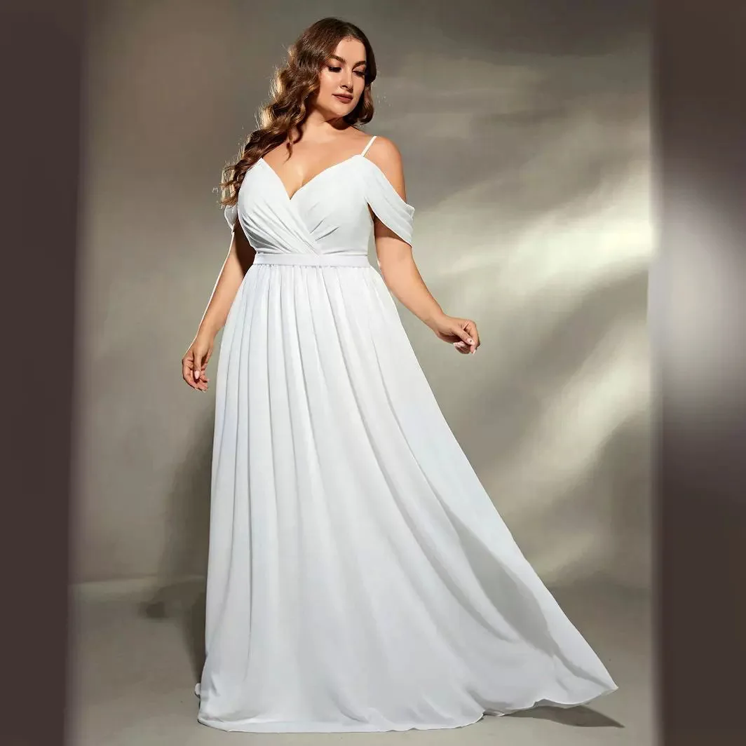 Plus Size White Flowy Chiffon Bridesmaid Maxi Dress Cold Shoulder Spaghetti Strap V Neck Pleated Waist Beach Wedding Formal Gow
Plus Size White Flowy Chiffon Bridesmaid Maxi Dress Cold Shoulder Spaghetti Strap V Neck Pleated Waist Beach Wedding Formal Gow