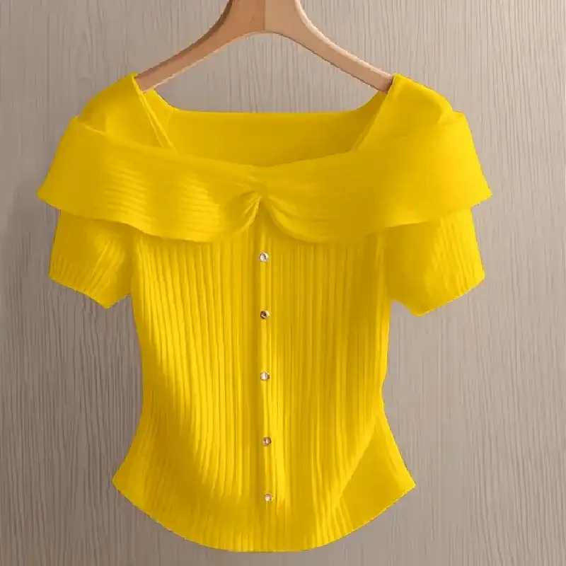 Yellow Off Shoulder Top With Ruffle Neck And Pleated Design For Women Summer Casual Party Wear Sweet Style
Yellow Off Shoulder Top With Ruffle Neck And Pleated Design For Women Summer Casual Party Wear Sweet Style