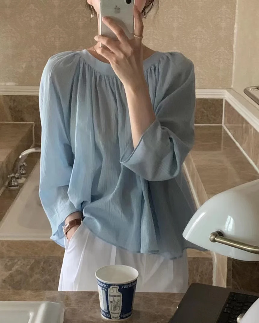 Korean style Sheer Textured Ruffle Loose Fit Long Sleeve Blouse - Slimming Versatile Top
Korean style Sheer Textured Ruffle Loose Fit Long Sleeve Blouse - Slimming Versatile Top