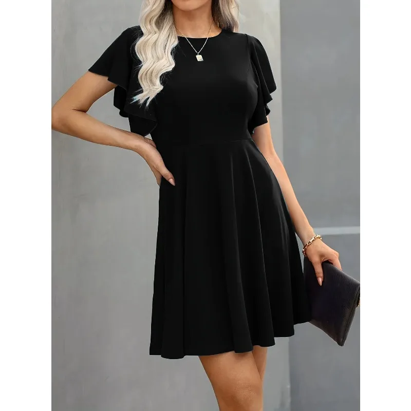 Элегантные коктейльные женские вечерние платья больших размеров, весна-лето, цветочные рукава с рюшами и круглым вырезом, высокой талией, струящееся мини-платье трапециевидной формы 
Элегантные коктейльные женские вечерние платья больших размеров, весна-лето, цветочные рукава с рюшами и круглым вырезом, высокой талией, струящееся мини-платье трапециевидной формы