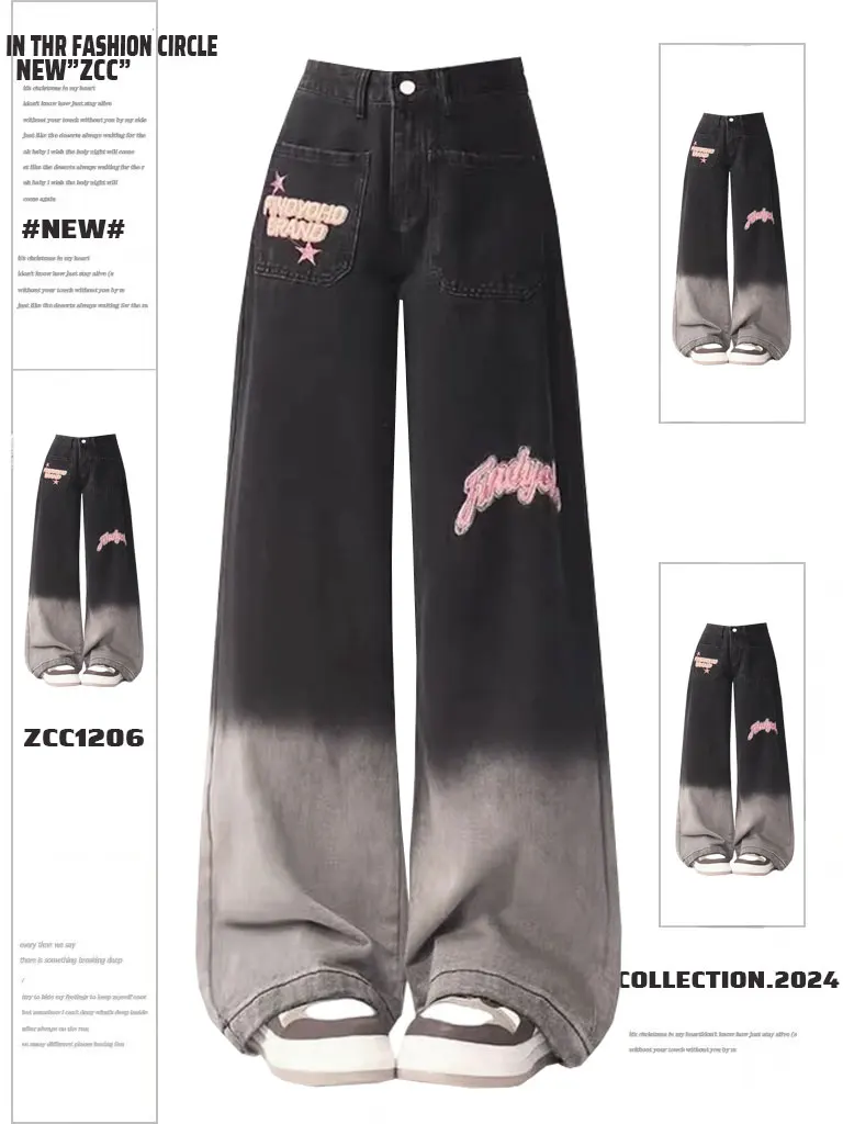 Retro American Black Gradient Embroidery Fleece Denim High Waist Wide Leg Floor Length Pants Women's Autumn Winter Style
Retro American Black Gradient Embroidery Fleece Denim High Waist Wide Leg Floor Length Pants Women's Autumn Winter Style