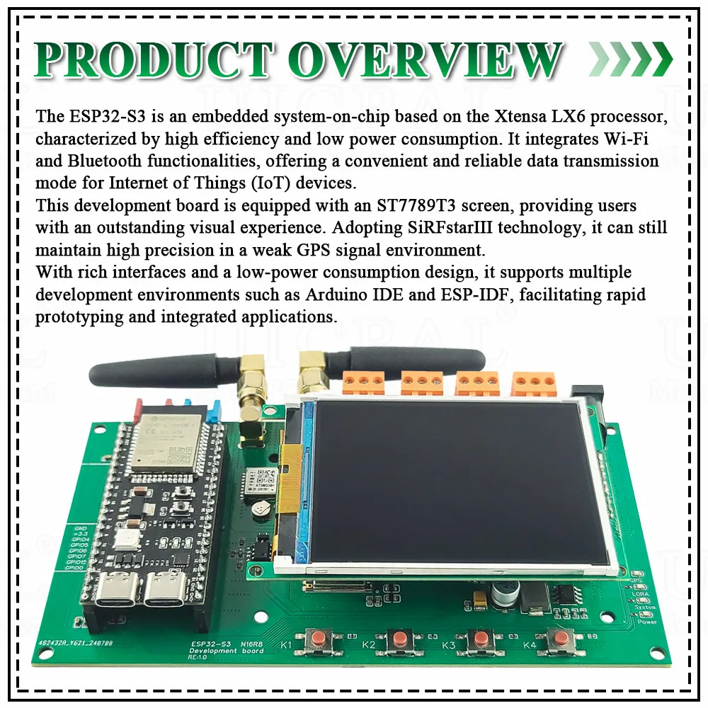 ESP32 S3 Development Board Kit with 3.2 Inch Display N16R8 BT Wifi Module Wireless LoRa SX1276 4 Relay GPS Location ATGM336H
ESP32 S3 Development Board Kit with 3.2 Inch Display N16R8 BT Wifi Module Wireless LoRa SX1276 4 Relay GPS Location ATGM336H