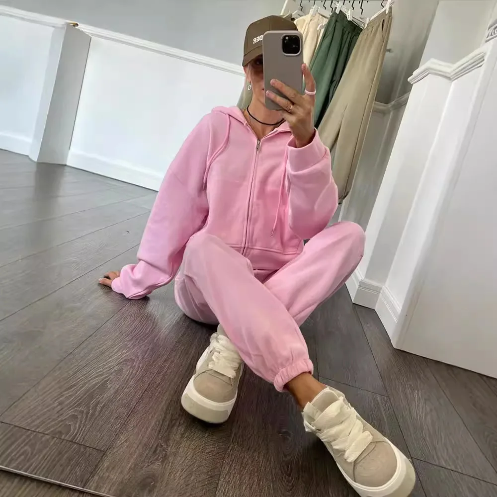Women Suit Solid Color Long-sleeved Zipper Hoodie 2piece Set Autumn Winter Casual Loose Elastic Tie Sports Trousers Suit Female
Women Suit Solid Color Long-sleeved Zipper Hoodie 2piece Set Autumn Winter Casual Loose Elastic Tie Sports Trousers Suit Female