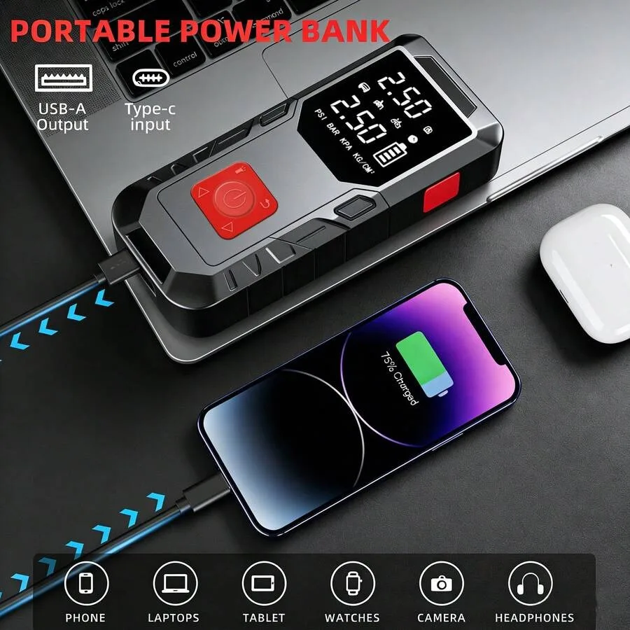 9-In-1 Multi-Functional Emergency Car Jump Starter And Air Pump With LED Lighting, 150PSI, 6000mAh High-Capacity Battery, Suita
9-In-1 Multi-Functional Emergency Car Jump Starter And Air Pump With LED Lighting, 150PSI, 6000mAh High-Capacity Battery, Suita